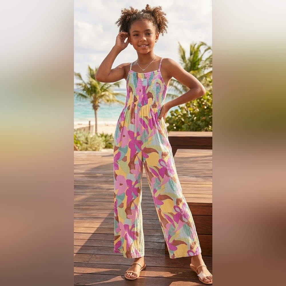 Roxy Girls Vibrant Floral Kids Jumpsuit Adj. Elastic Bodice Size L 12/14 - NWT